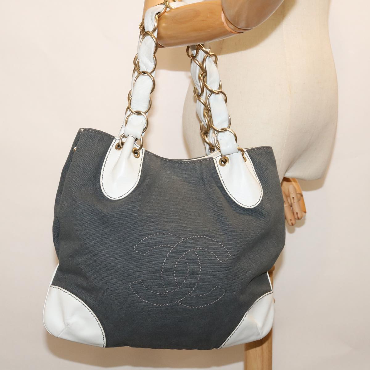 CHANEL COCO Mark Chain Tote Bag Canvas Leather Gray CC Auth yk11402