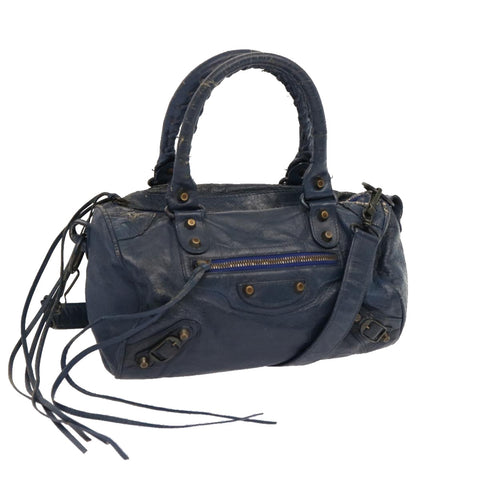 BALENCIAGA The Drum Hand Bag Leather 2way Navy Auth yk11414