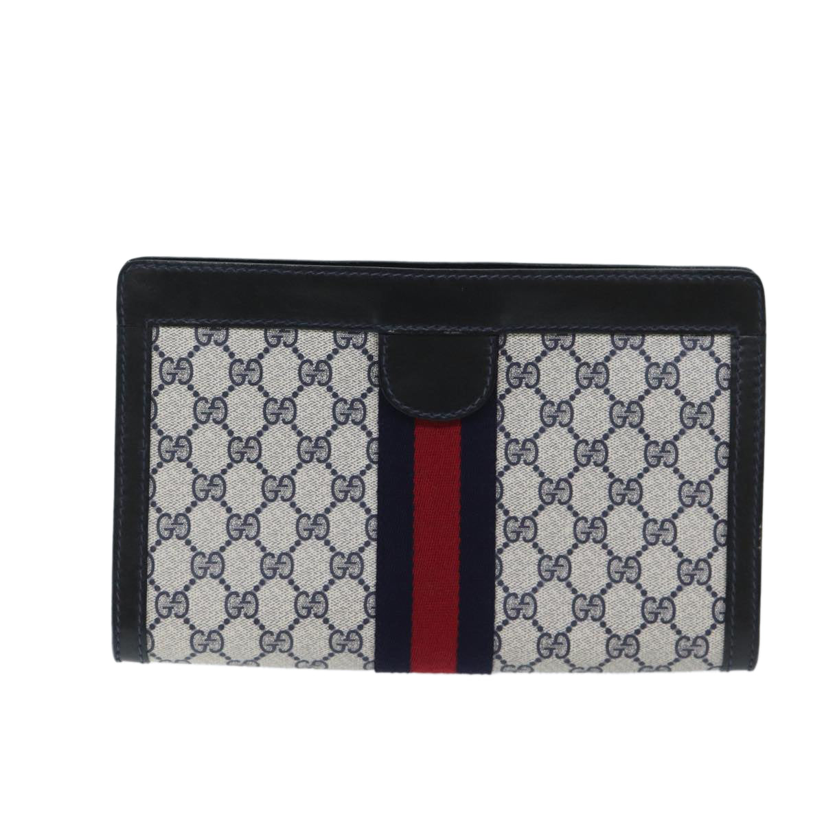 GUCCI GG Supreme Sherry Line Clutch Bag PVC Navy Red 010 378 Auth yk11431 - 0