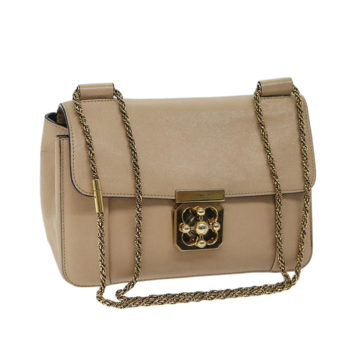 Chloe Chain Elsie Shoulder Bag Leather Beige Auth yk11468