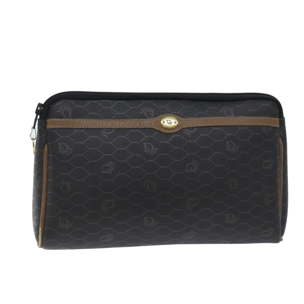 Christian Dior Honeycomb Canvas Clutch Bag PVC Leather Black Auth yk11503