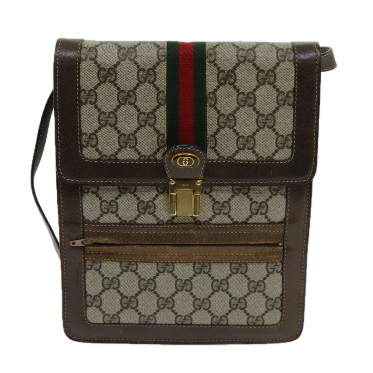 GUCCI GG Supreme Web Sherry Line Shoulder Bag PVC Beige Red Green Auth yk11580