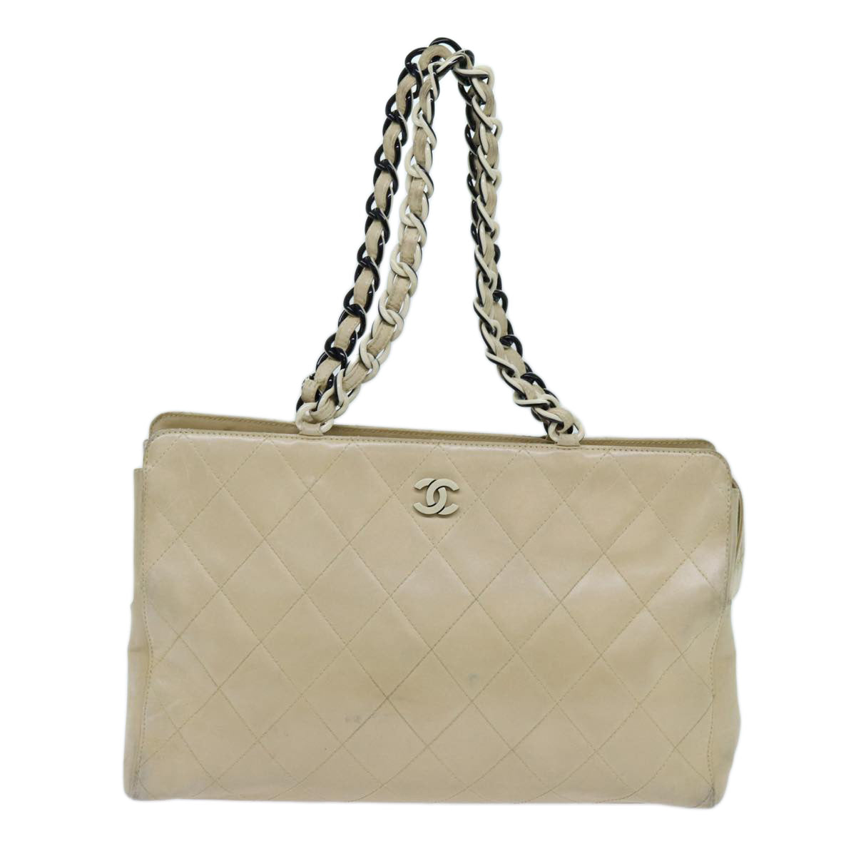 CHANEL Matelasse Chain Tote Bag Leather Beige CC Auth yk11588