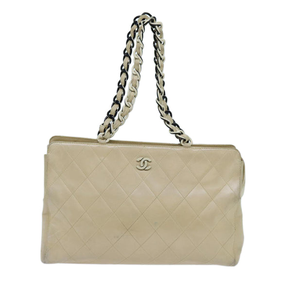 CHANEL Matelasse Chain Tote Bag Leather Beige CC Auth yk11588