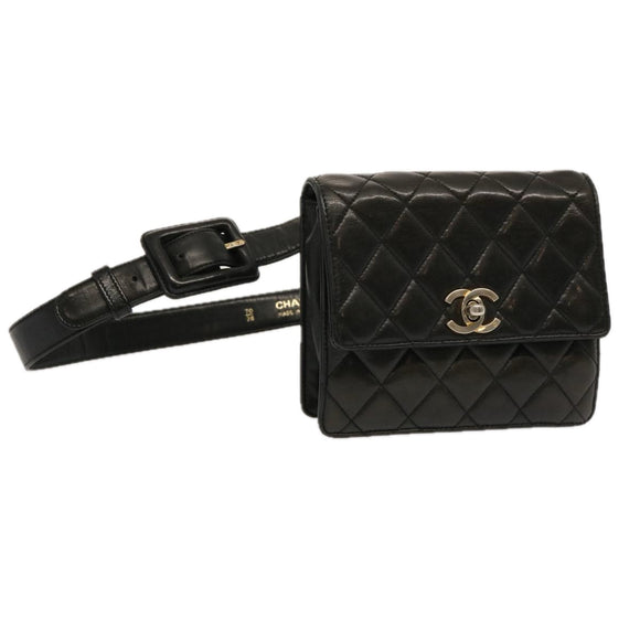CHANEL Matelasse Turn Lock Waist bag Lamb Skin Black CC Auth yk11590