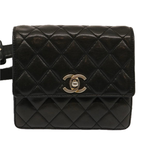 CHANEL Matelasse Turn Lock Waist bag Lamb Skin Black CC Auth yk11590