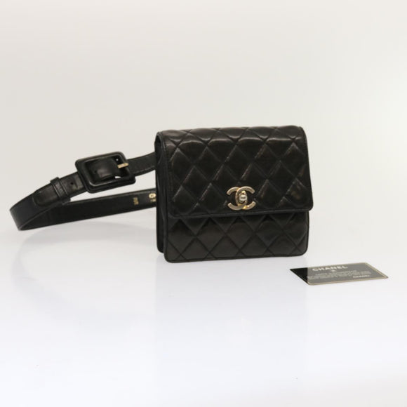CHANEL Matelasse Turn Lock Waist bag Lamb Skin Black CC Auth yk11590
