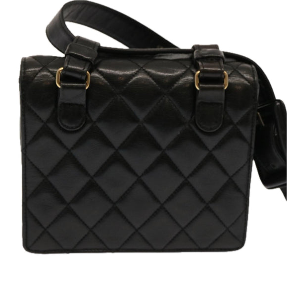 CHANEL Matelasse Turn Lock Waist bag Lamb Skin Black CC Auth yk11590