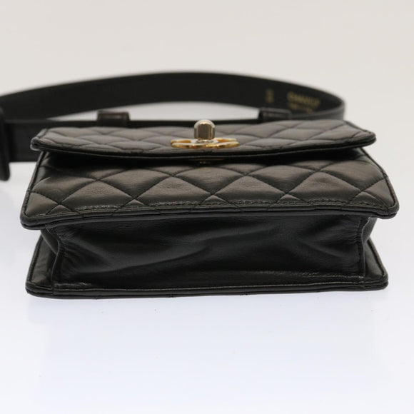 CHANEL Matelasse Turn Lock Waist bag Lamb Skin Black CC Auth yk11590