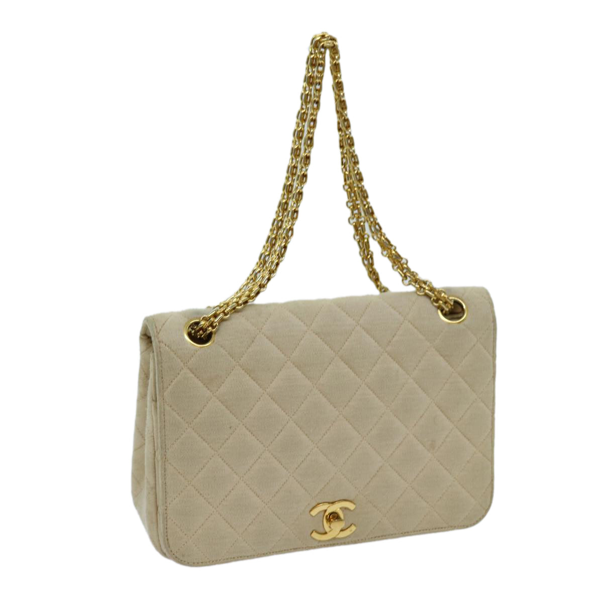 CHANEL Matelasse Chain Turn Lock Shoulder Bag Cotton Beige CC Auth yk11635