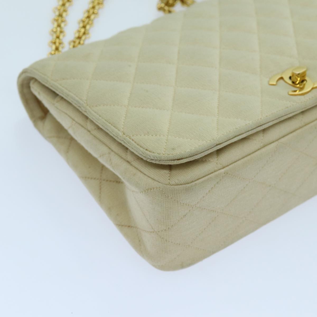 CHANEL Matelasse Chain Turn Lock Shoulder Bag Cotton Beige CC Auth yk11635