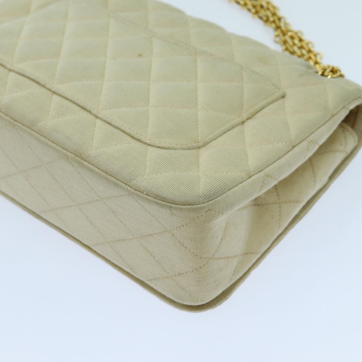 CHANEL Matelasse Chain Turn Lock Shoulder Bag Cotton Beige CC Auth yk11635