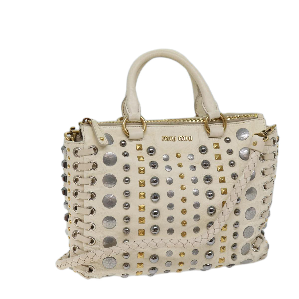 Miu Miu Studs Hand Bag Leather 2way White Auth yk11694