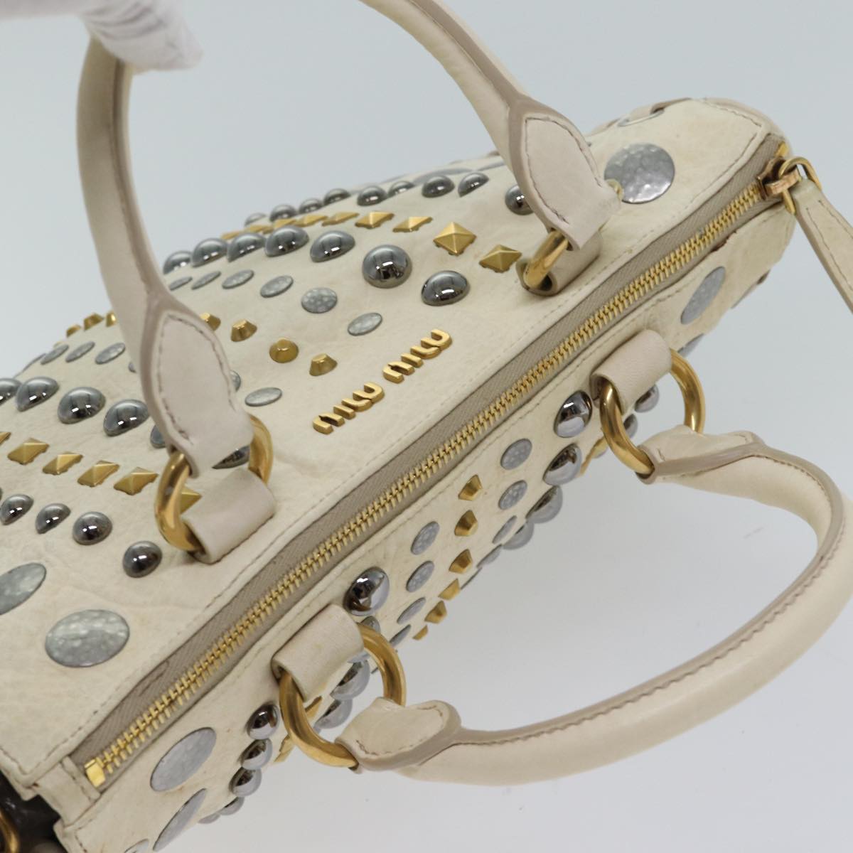 Miu Miu Studs Hand Bag Leather 2way White Auth yk11694