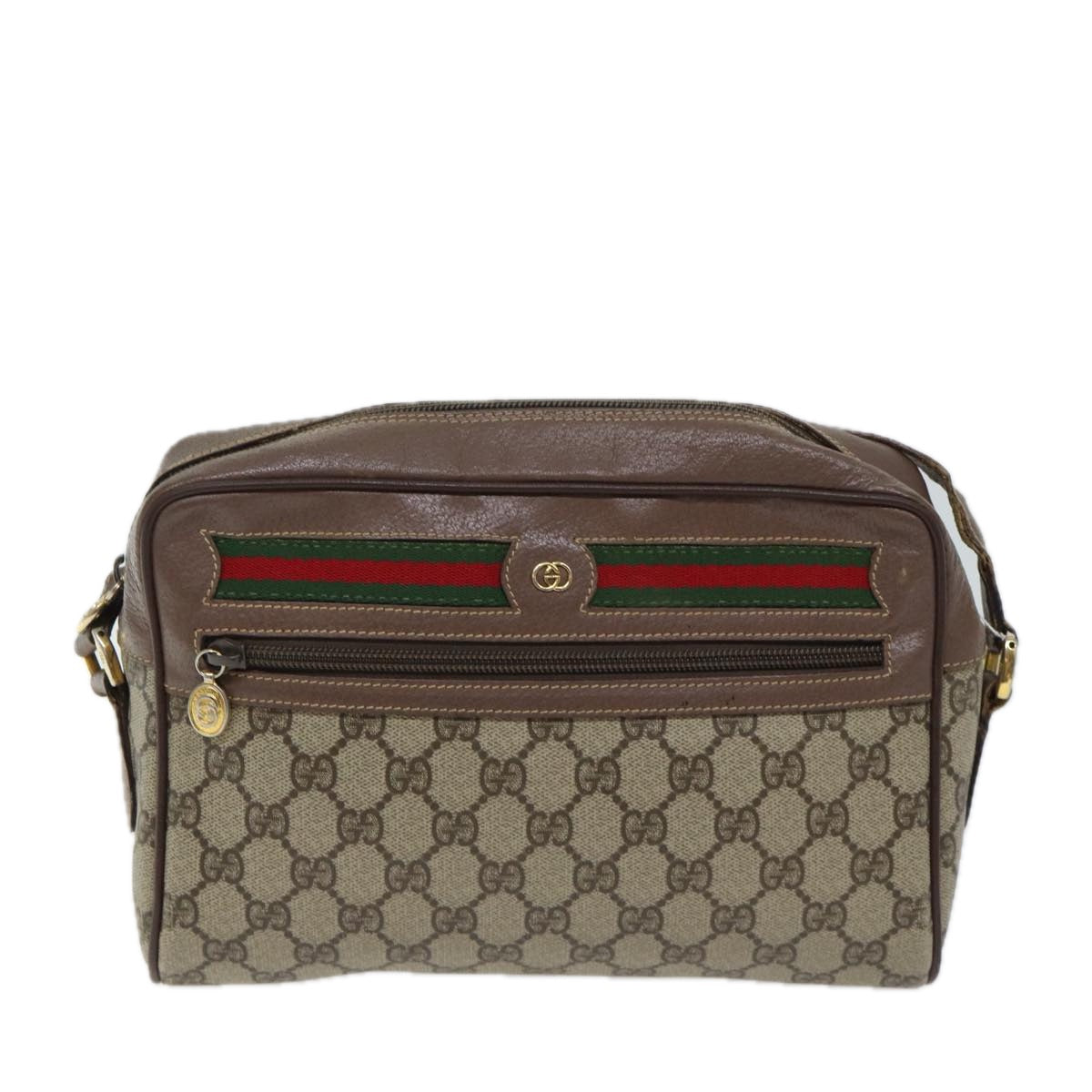 GUCCI GG Canvas Web Sherry Line Shoulder Bag PVC Beige Green Red Auth yk11769