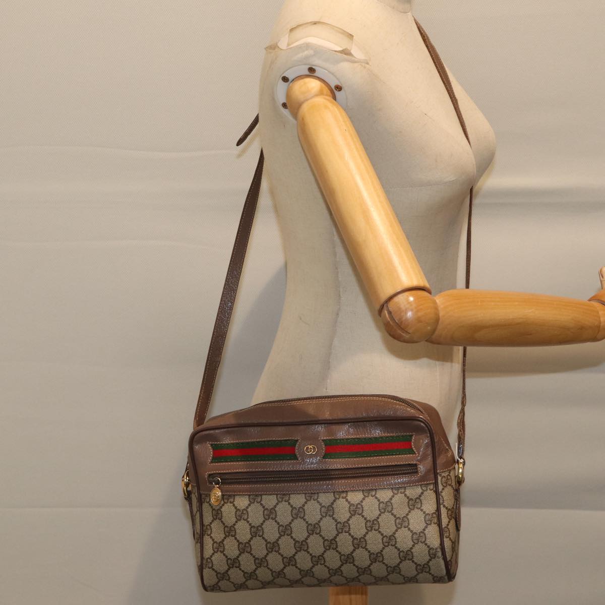 GUCCI GG Canvas Web Sherry Line Shoulder Bag PVC Beige Green Red Auth yk11769