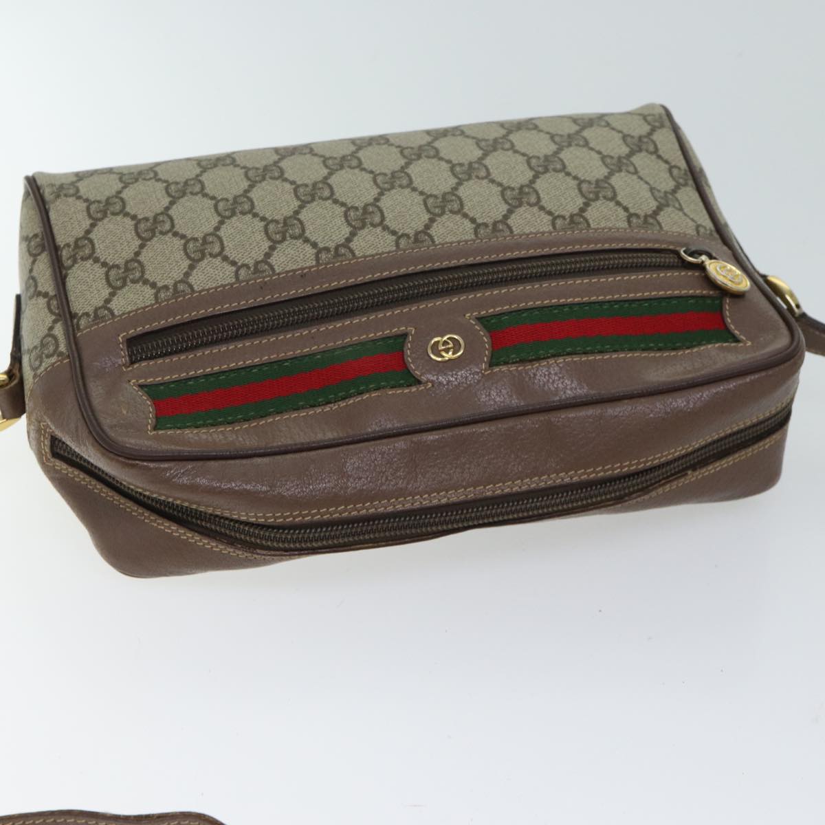 GUCCI GG Canvas Web Sherry Line Shoulder Bag PVC Beige Green Red Auth yk11769