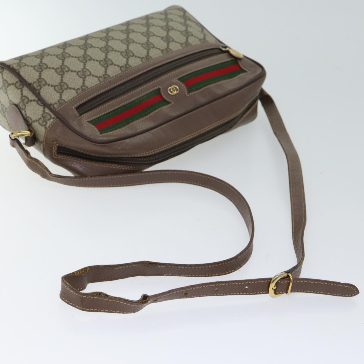 GUCCI GG Canvas Web Sherry Line Shoulder Bag PVC Beige Green Red Auth yk11769