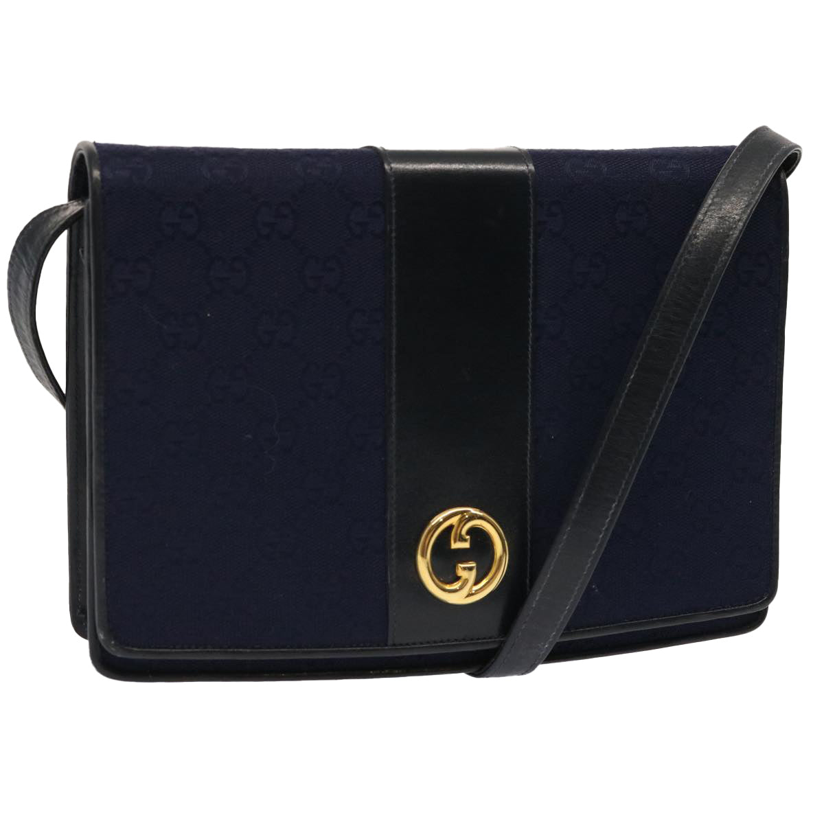 GUCCI GG Canvas Shoulder Bag Navy Black Auth yk11772