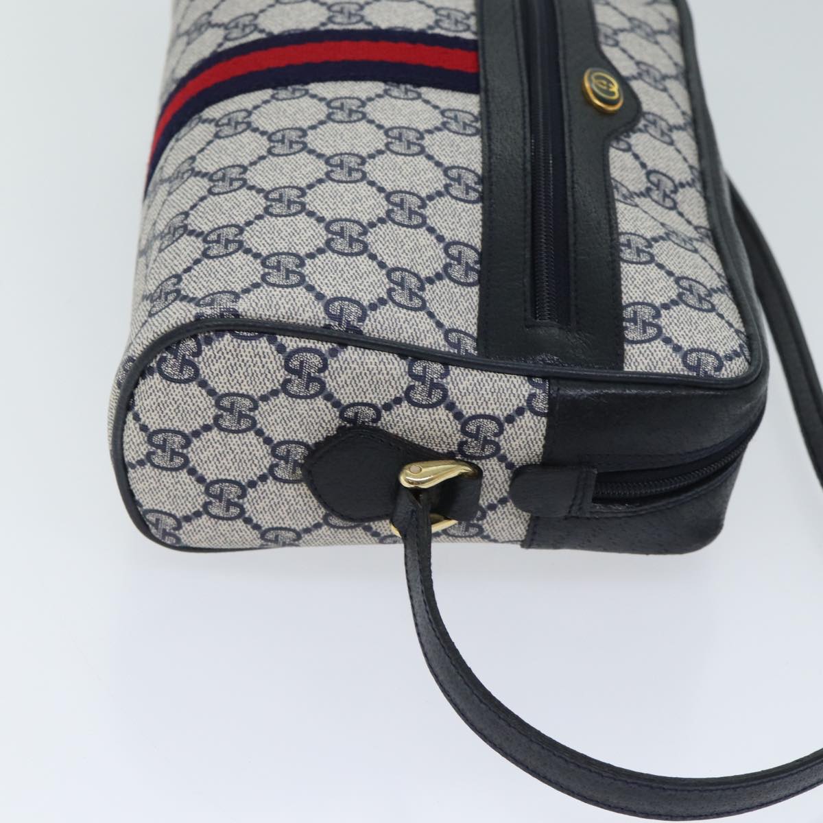 GUCCI GG Canvas Sherry Line Shoulder Bag PVC Navy Red Auth yk11799