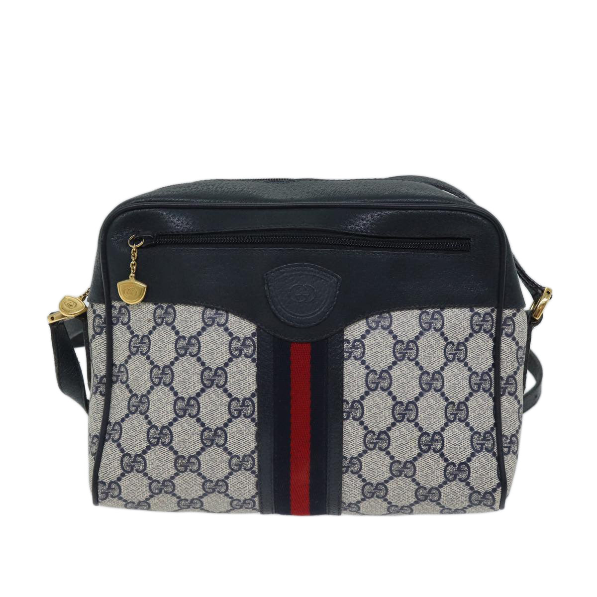 GUCCI GG Canvas Sherry Line Shoulder Bag PVC Navy Red Auth yk11810