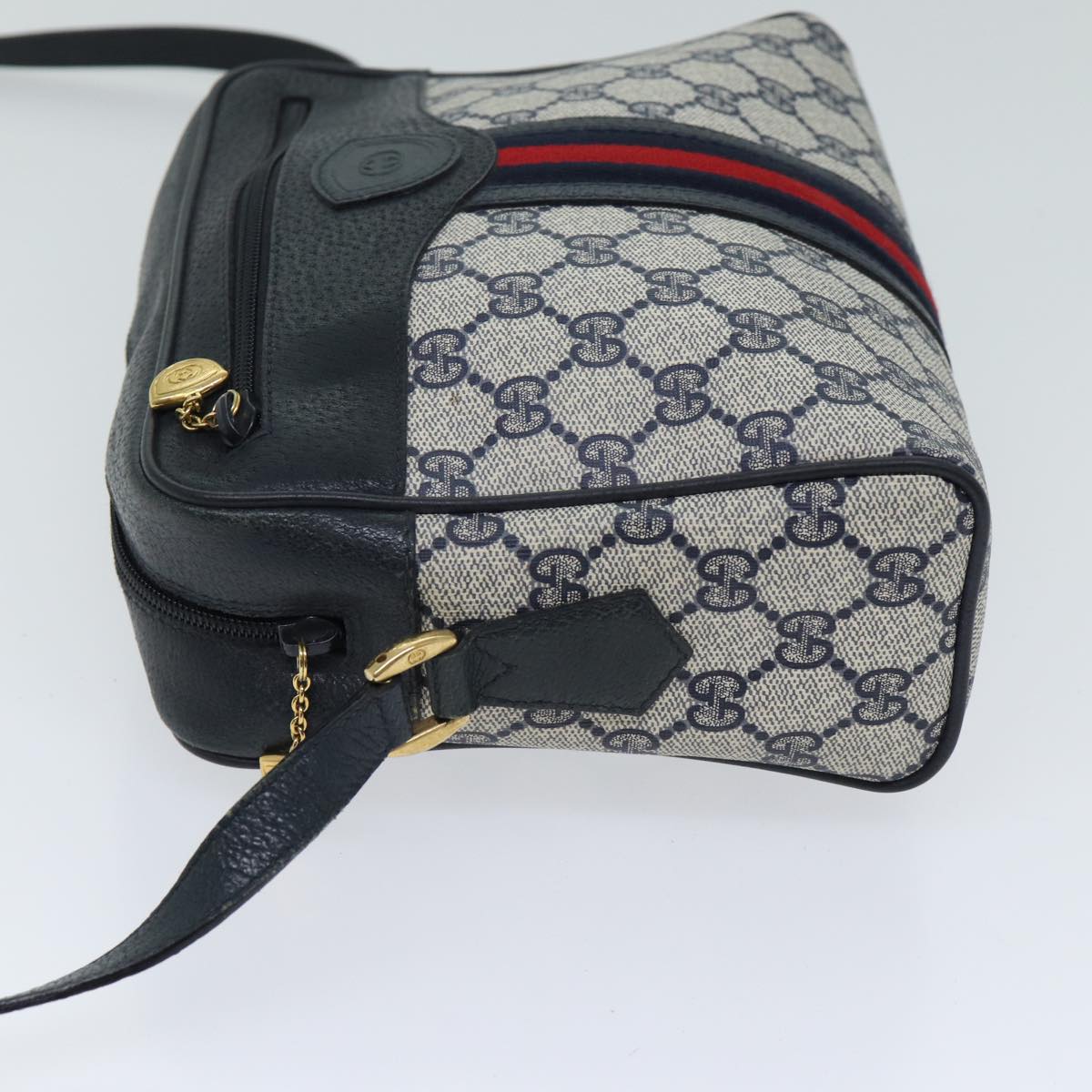 GUCCI GG Canvas Sherry Line Shoulder Bag PVC Navy Red Auth yk11810