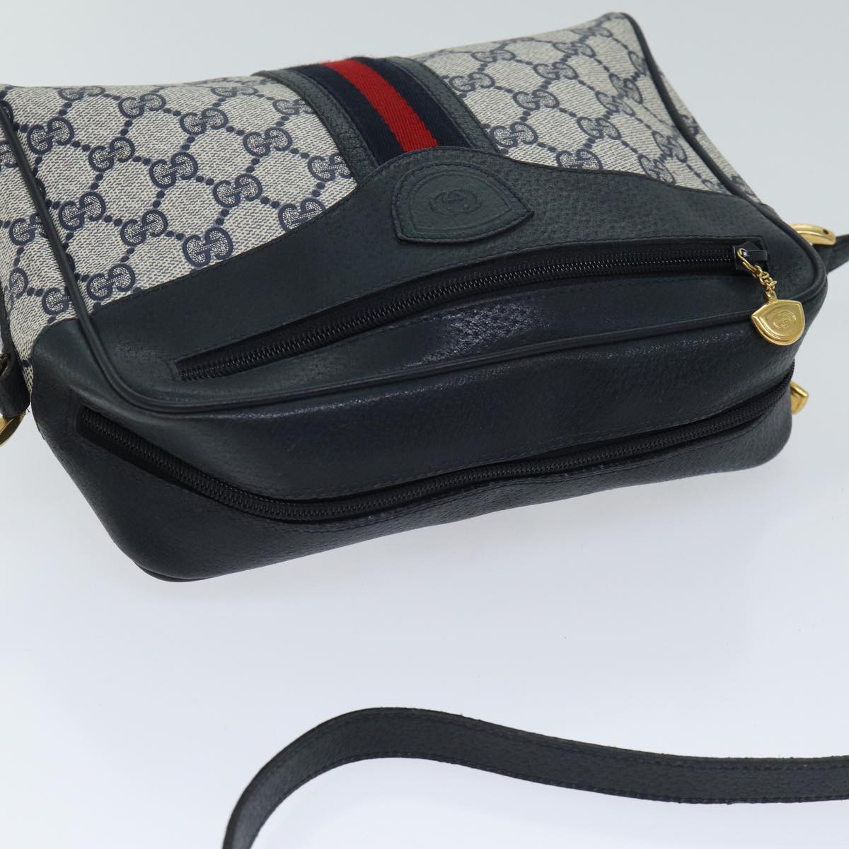 GUCCI GG Canvas Sherry Line Shoulder Bag PVC Navy Red Auth yk11810