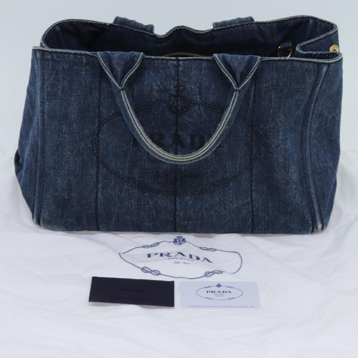 PRADA Canapa MM Hand Bag Denim Blue Auth yk11840