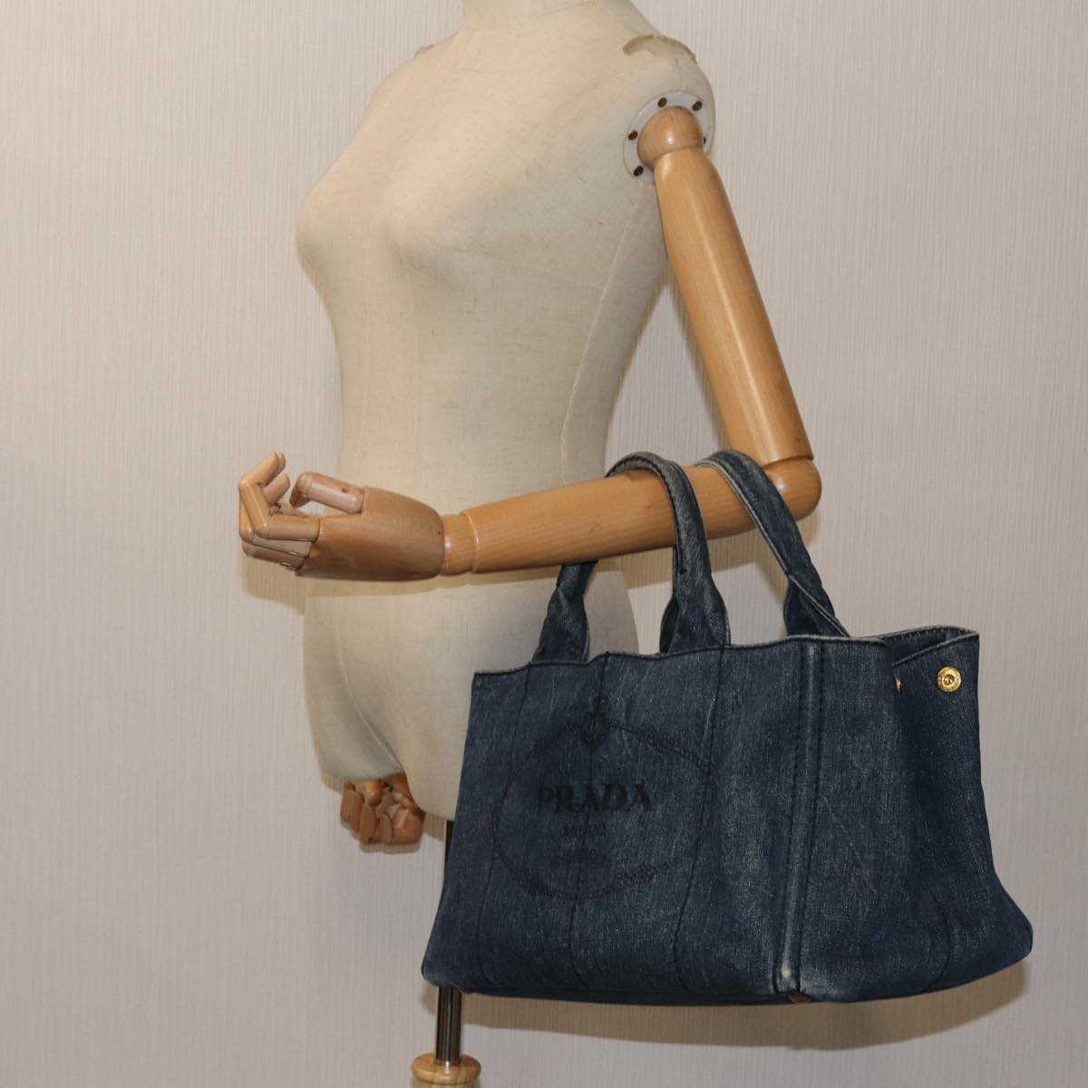 PRADA Canapa MM Hand Bag Denim Blue Auth yk11840