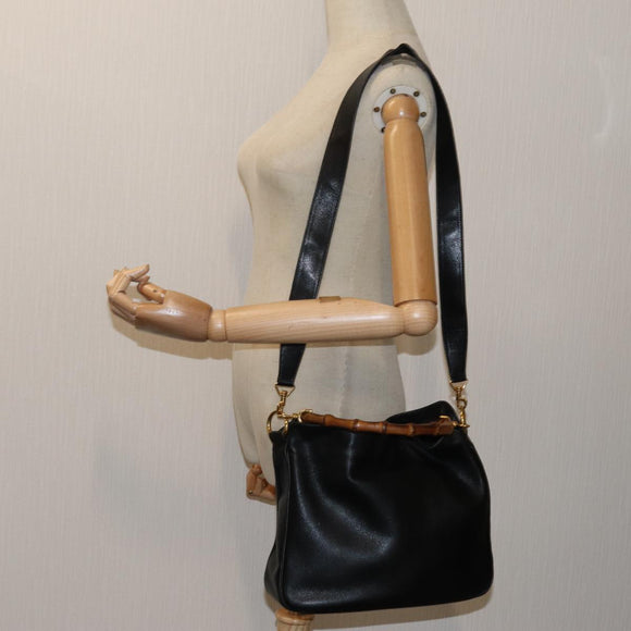 GUCCI Bamboo Hand Bag Leather 2way Black 001 2113 1638 Auth yk11916