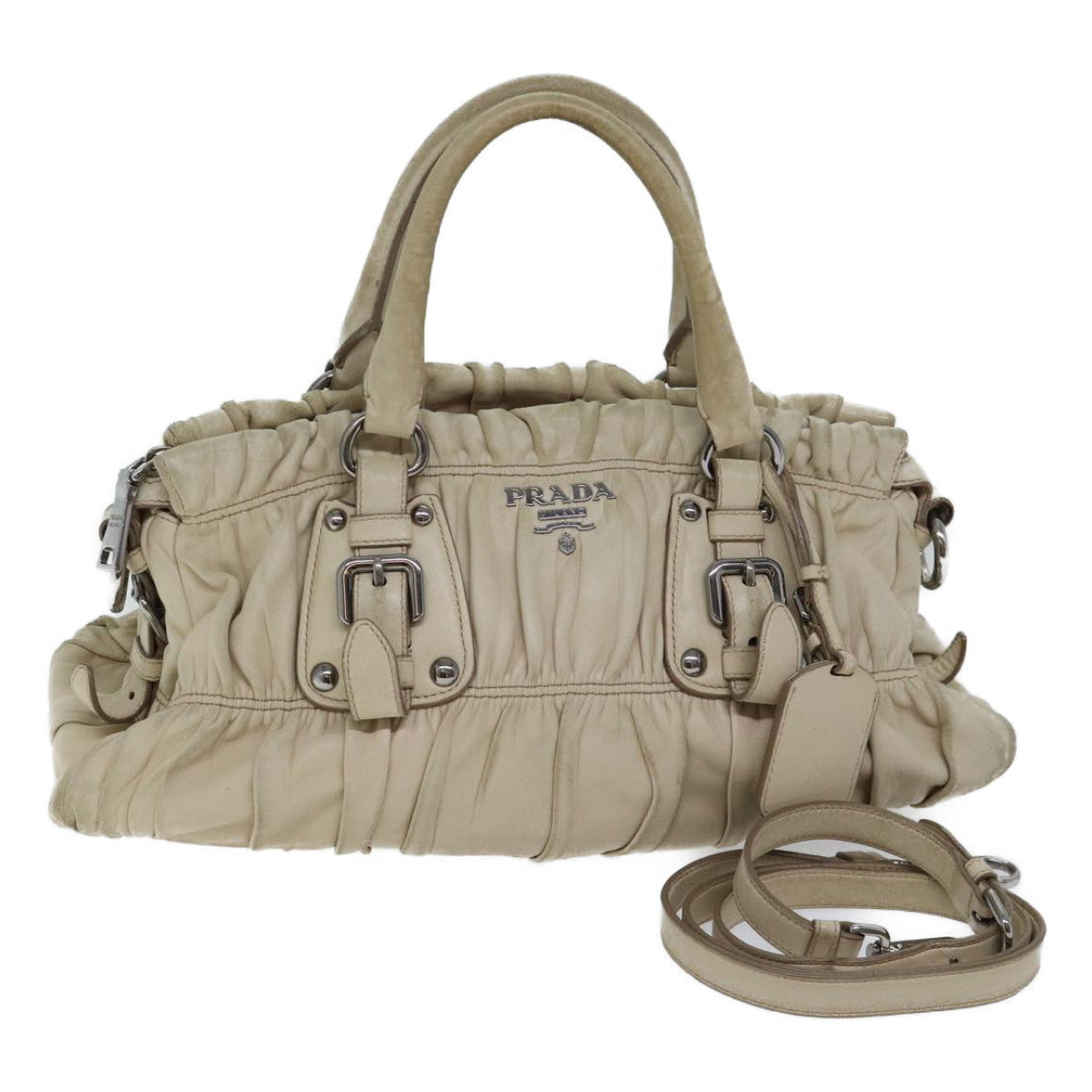 PRADA Hand Bag Leather 2way Beige Auth yk11925