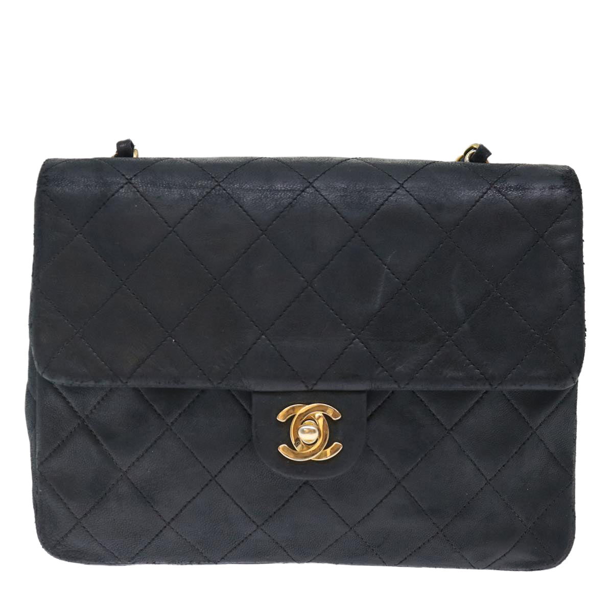 CHANEL Mini Matelasse Turn Lock Chain Bag Lamb Skin Black CC Auth yk11930