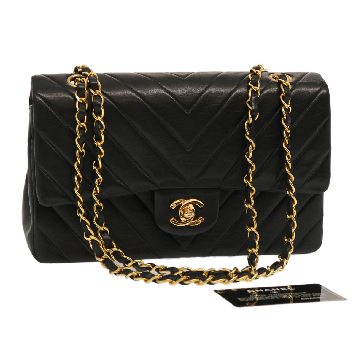 CHANEL Turn Lock Chain V stitch Shoulder Bag Lamb Skin Black CC Auth yk11931A