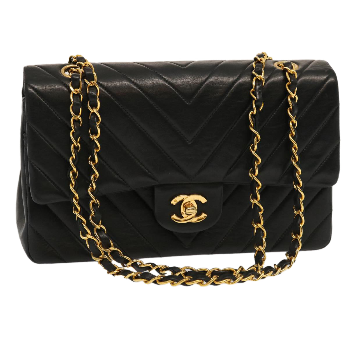 CHANEL Turn Lock Chain V stitch Shoulder Bag Lamb Skin Black CC Auth yk11931A