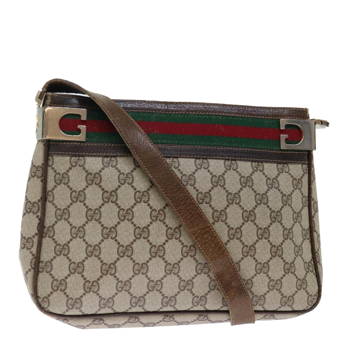 GUCCI GG Supreme Web Sherry Line Shoulder Bag PVC Beige Red Green Auth yk11953