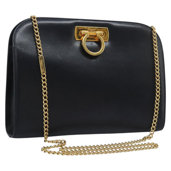 Salvatore Ferragamo Gancini Chain Shoulder Bag Leather Navy Auth yk12007