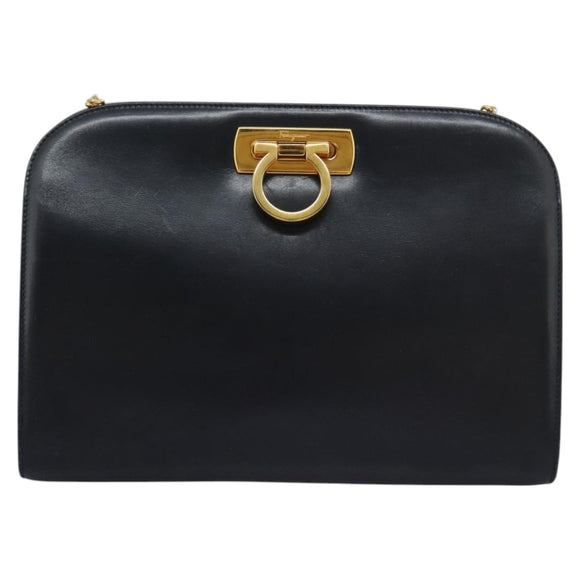 Salvatore Ferragamo Gancini Chain Shoulder Bag Leather Navy Auth yk12007