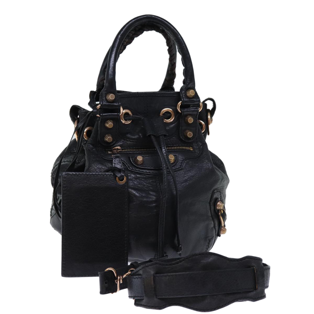 BALENCIAGA Giant Mini Pom Pom Hand Bag Leather 2way Black 285439 Auth yk12032