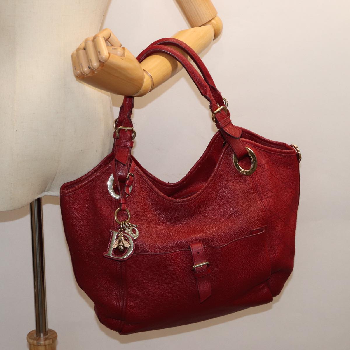 Christian Dior Lady Dior Canage Shoulder Bag Leather Red Auth yk12042