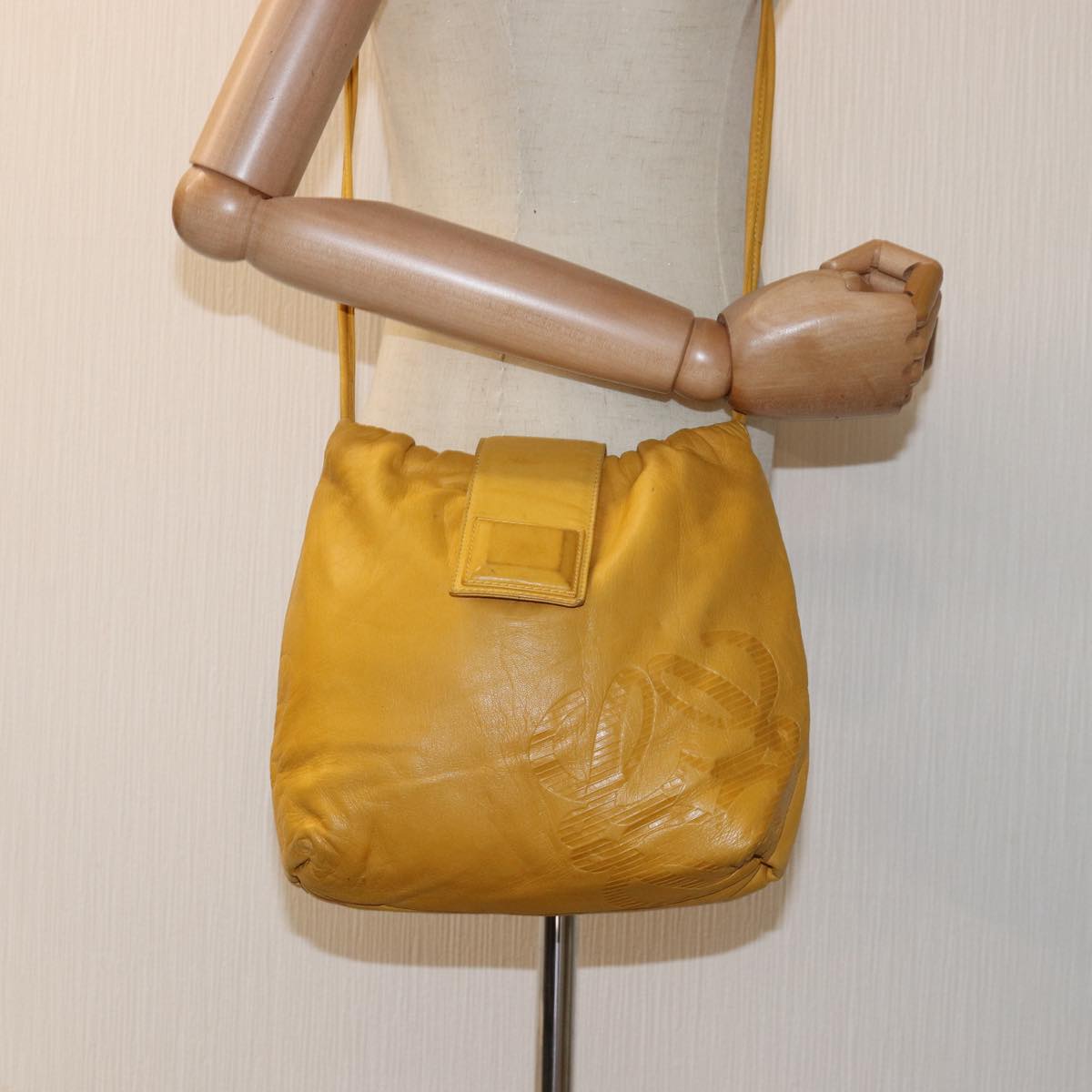 LOEWE Anagram Shoulder Bag Leather Yellow Auth yk12066