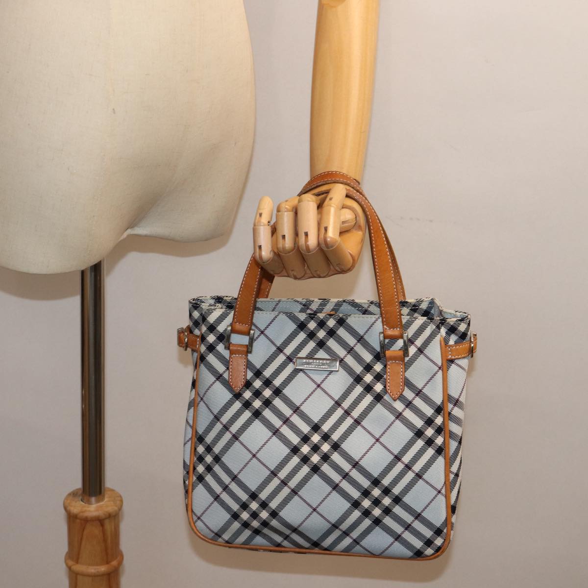 BURBERRY Nova Check Blue Label Hand Bag Nylon Blue Auth yk12085