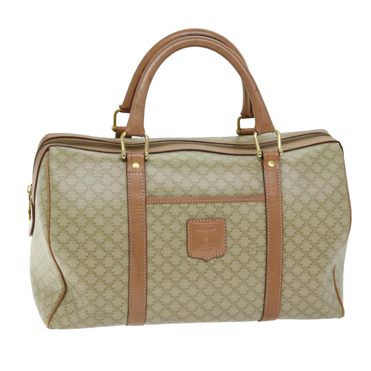 CELINE Macadam Canvas Boston Bag Beige Auth yk12162