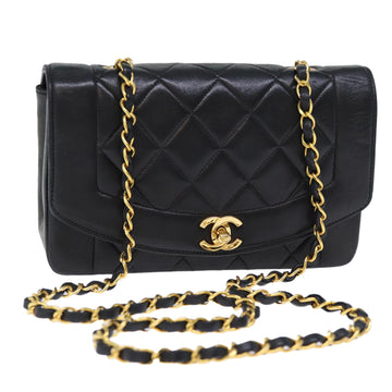CHANEL Diana Matelasse Chain Shoulder Bag Lamb Skin Black CC Auth yk12192AV