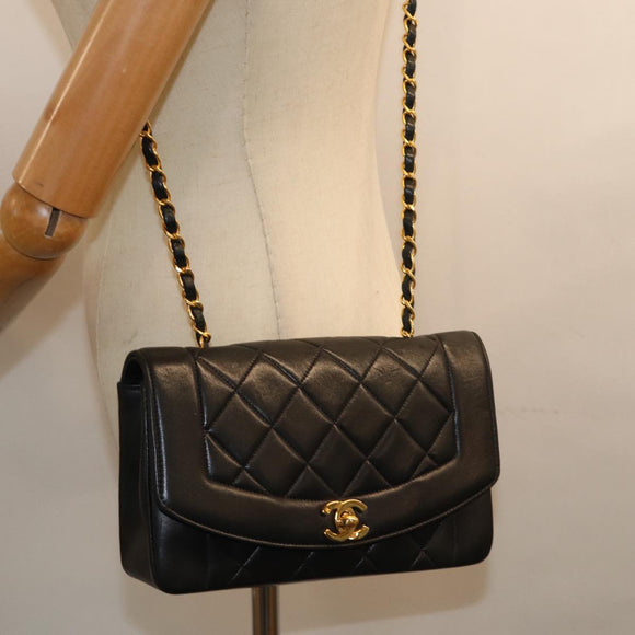 CHANEL Diana Matelasse Chain Shoulder Bag Lamb Skin Black CC Auth yk12192AV