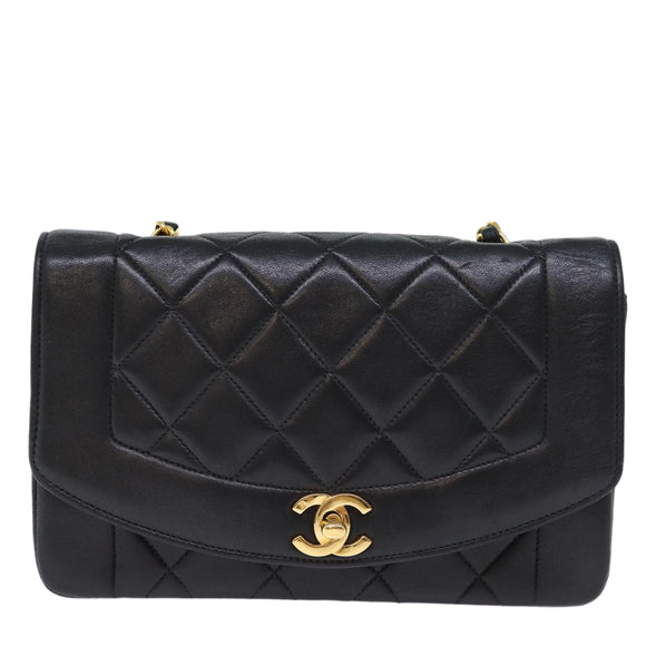 CHANEL Diana Matelasse Chain Shoulder Bag Lamb Skin Black CC Auth yk12192AV