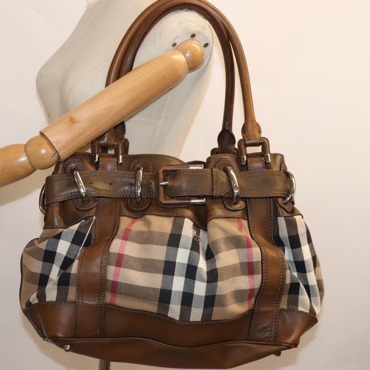 BURBERRY Nova Check Tote Bag Canvas Beige Auth yk12200