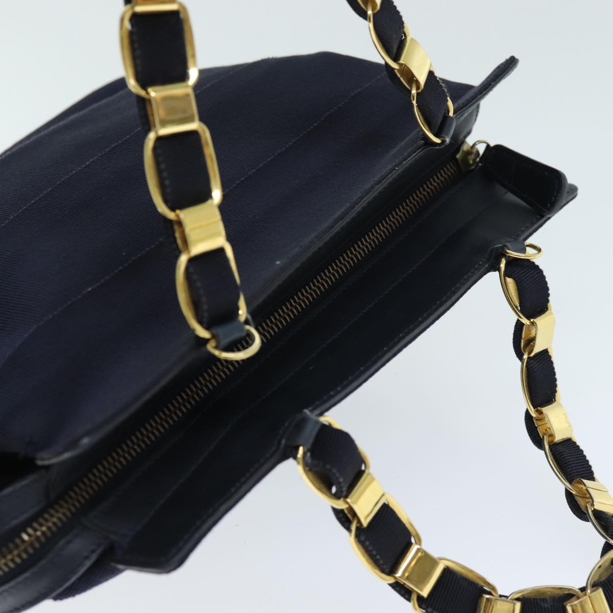 Salvatore Ferragamo Chain Hand Bag Canvas 2way Navy Auth yk12217