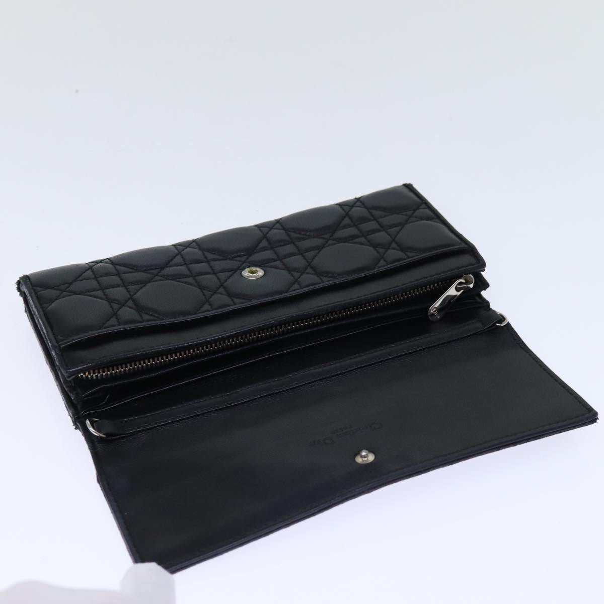 Christian Dior Lady Dior Canage Chain Long Wallet Lamb Skin Black Auth yk12257