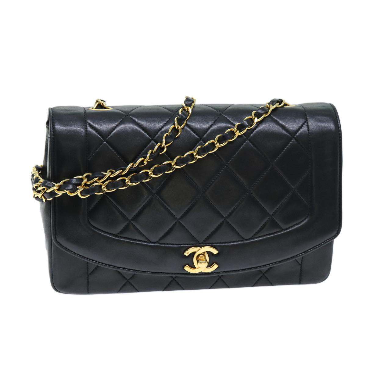 CHANEL Diana Matelasse Chain Shoulder Bag Lamb Skin Black CC Auth yk12263A