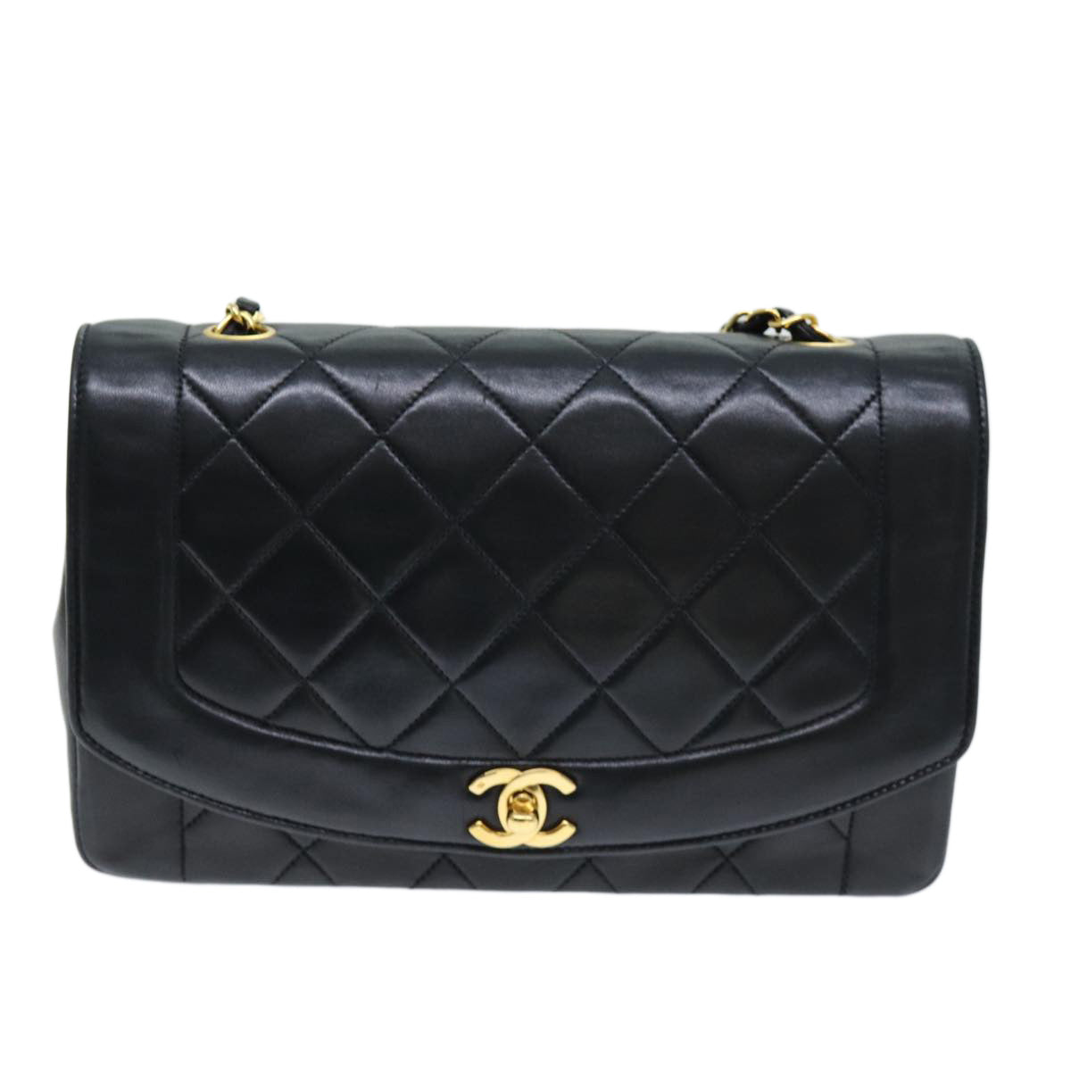 CHANEL Diana Matelasse Chain Shoulder Bag Lamb Skin Black CC Auth yk12263A - 0